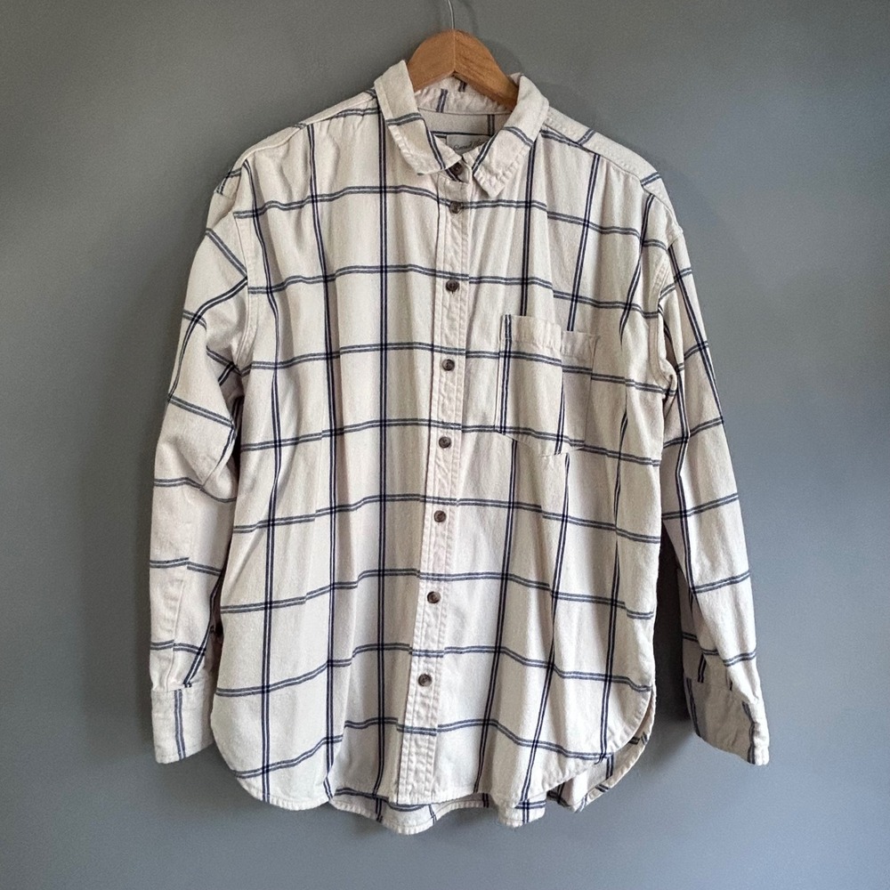 Universal Thread Mens Cream Navy Windowpane Plaid Flannel Shirt Oversized M